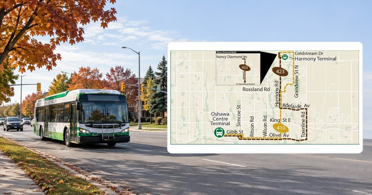 Illustrative transit bus beside the official DRT Routes 410 and 423 map for Oshawa.