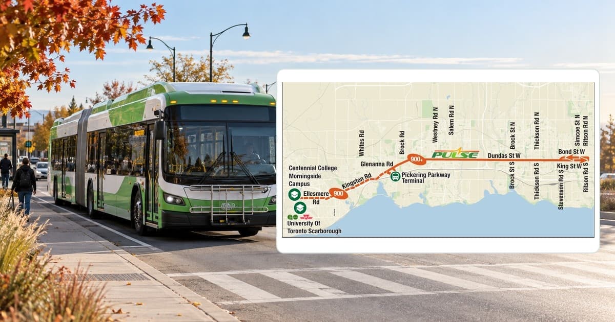 Illustrative transit bus beside the official DRT PULSE 900 map serving Durham Region.