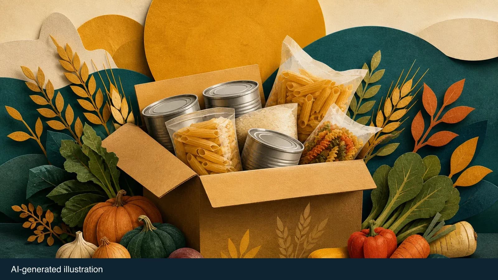 Illustrated box of food donations. AI-generated illustration.