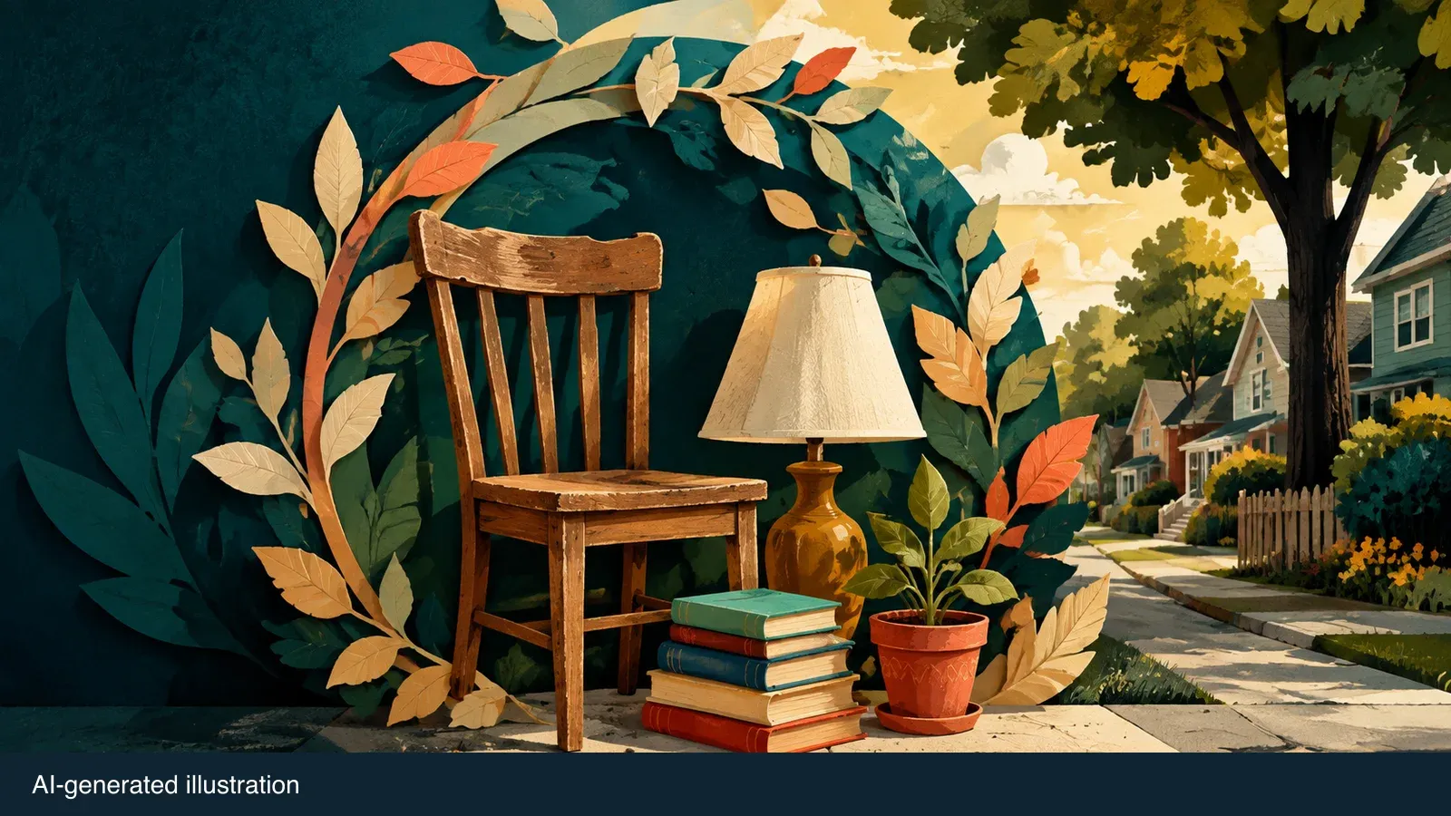Illustrated chair, lamp, books and plant for a curbside giveaway. AI-generated illustration.