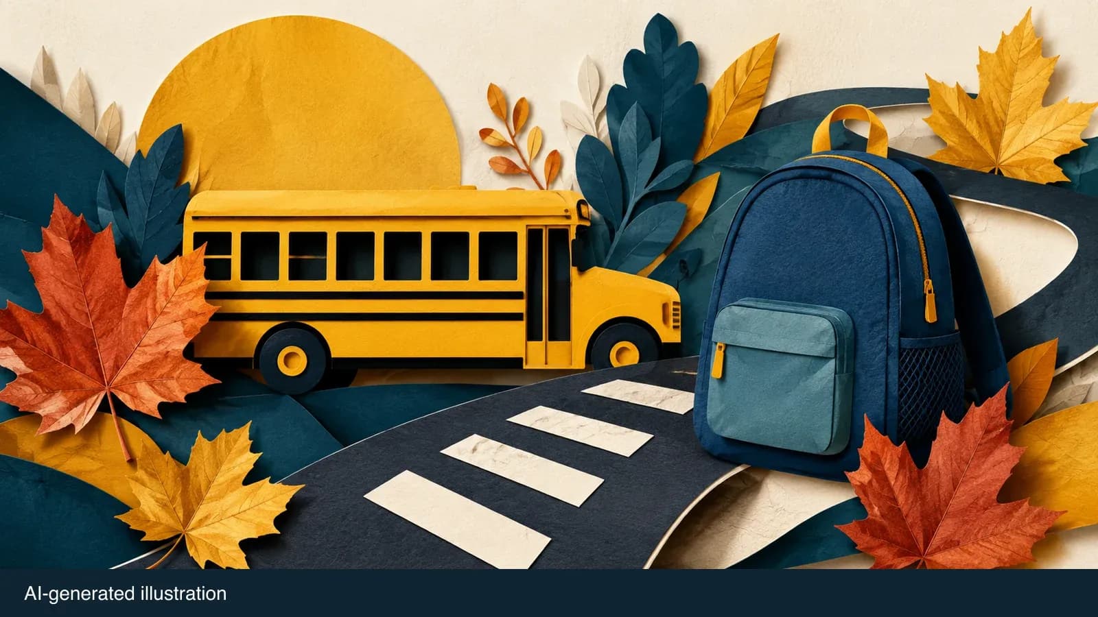Illustrated school bus, backpack and crossing stripes. AI-generated illustration.