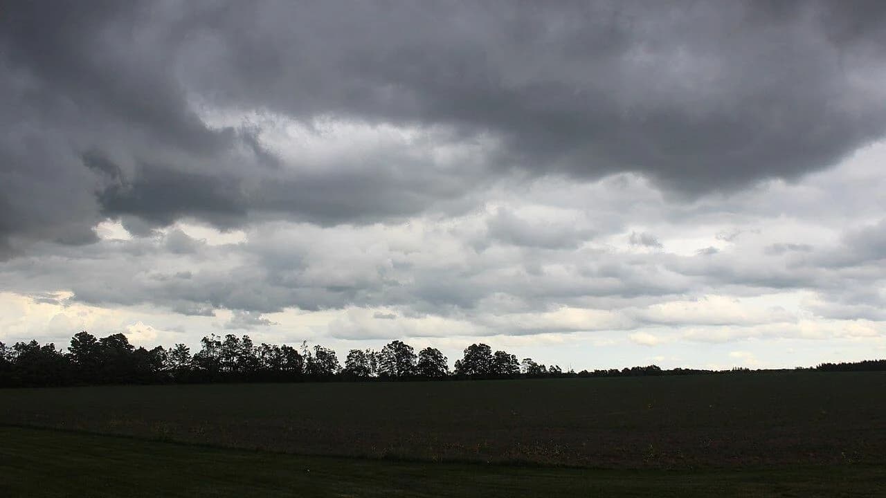 Dark storm clouds gathering over a field and treeline