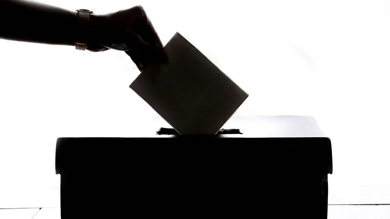 Silhouette of a hand dropping a ballot paper into a ballot box against a bright background.