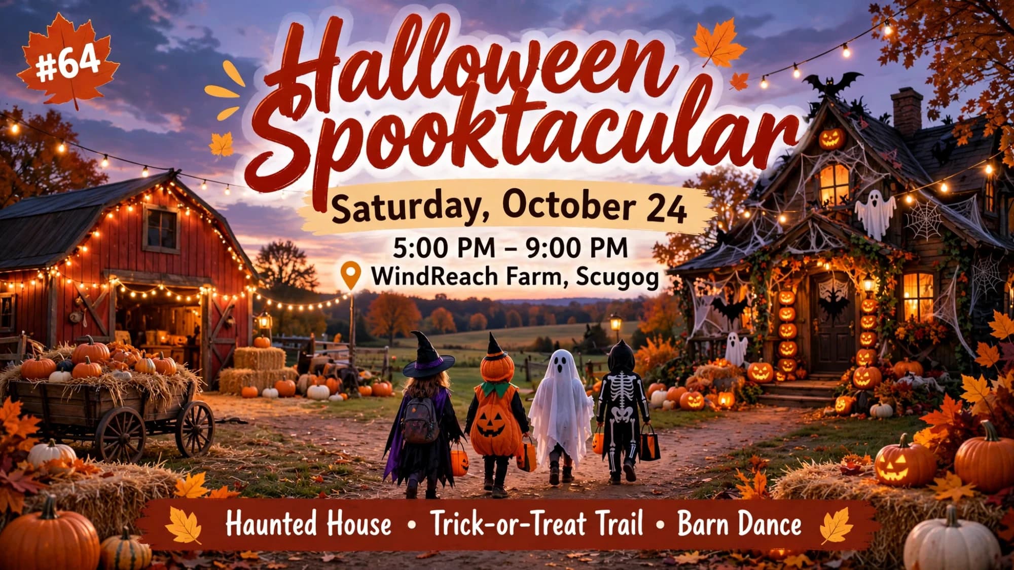 Poster for the WindReach Farm Halloween Spooktacular in Scugog, Saturday October 24, 5 to 9 PM: a farm and haunted house at dusk with children in costumes and pumpkins