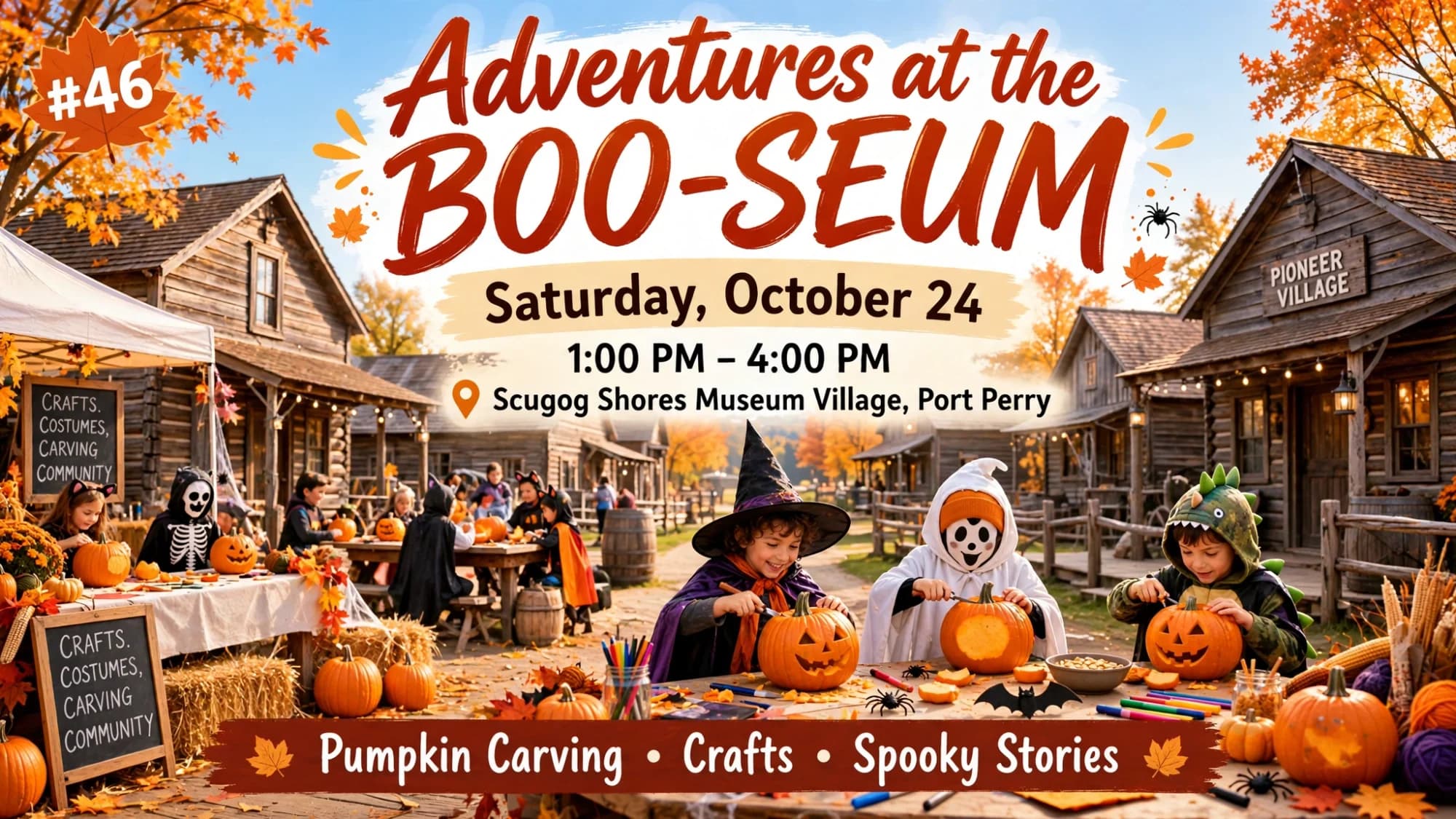Poster for Adventures at the BOO-SEUM on Saturday, October 24 at Scugog Shores Museum Village in Port Perry, with costumed children carving pumpkins.
