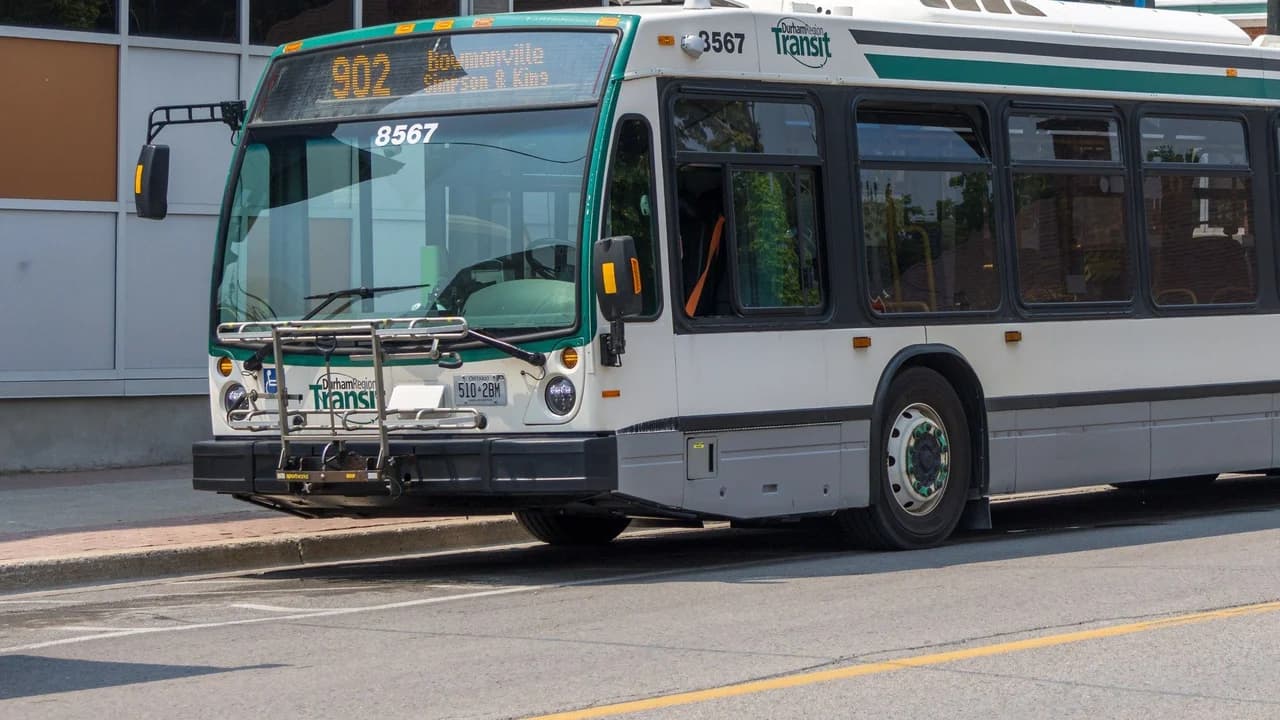 A white and green Durham Region Transit bus, fleet number 8567, stopped on a street in Bowmanville, Ontario; no people visible.
