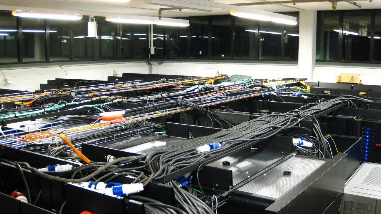 Server room with rows of server racks and dense network cabling