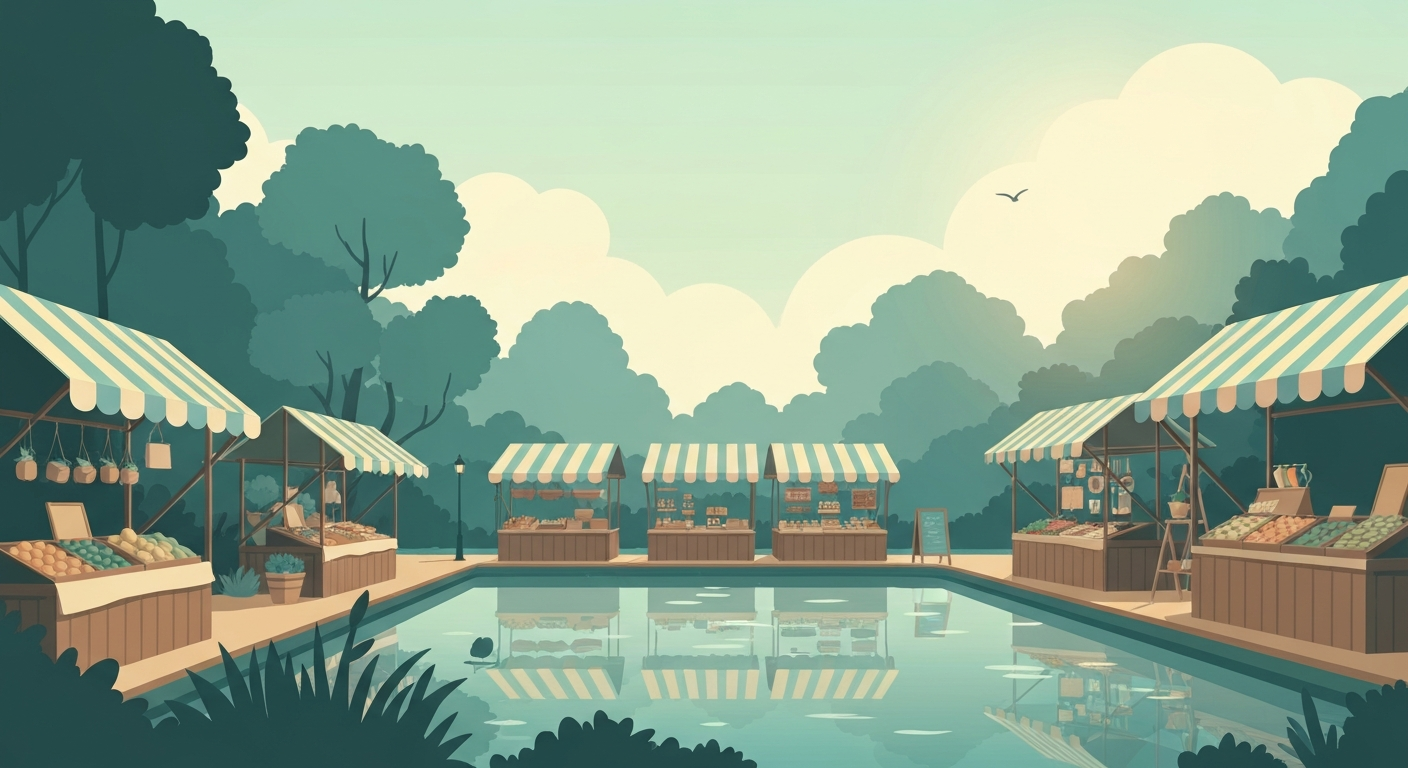 Editorial illustration of a small open-air lakeside market with striped awnings.